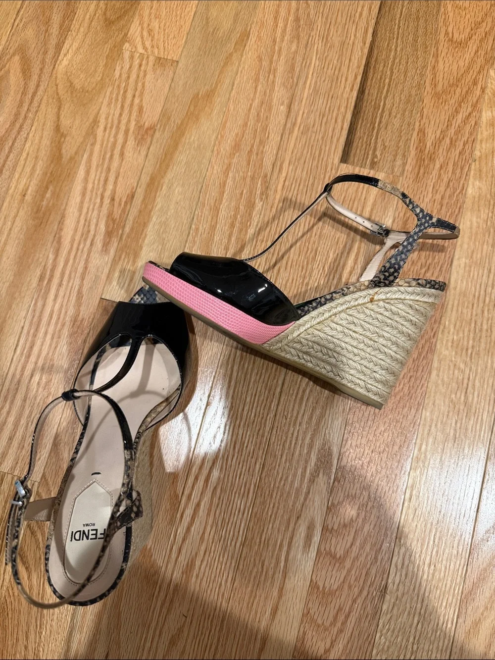 Fendi Black Patent Leather & Snake-Print Wedge Sandals